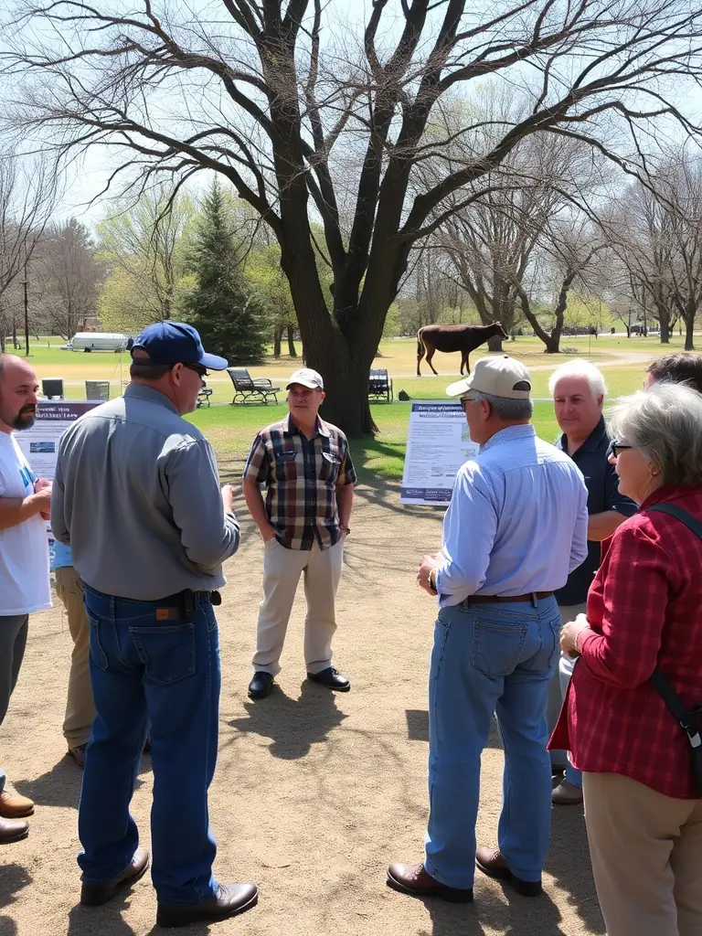 A photograph illustrating a community outreach event, where association members are educating local residents about wildlife conservation, the importance of hunting, and the role of the association in the community.