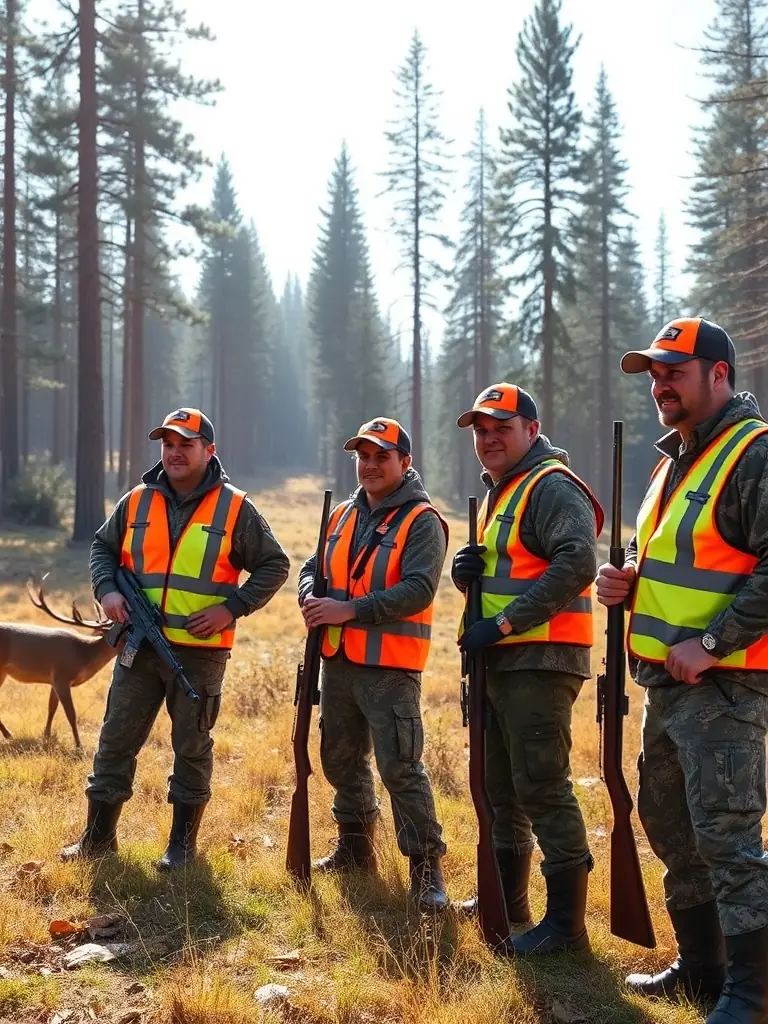 A photograph capturing a group of hunters participating in a controlled hunt in the Roffiac region, emphasizing responsible hunting practices and adherence to safety regulations.