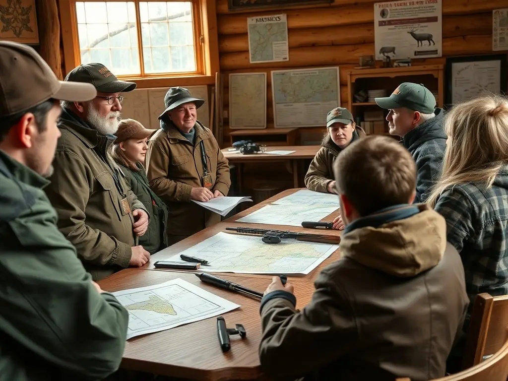 A photo of a classroom setting where experienced hunters are teaching young members about wildlife conservation, hunting ethics, and safety protocols.