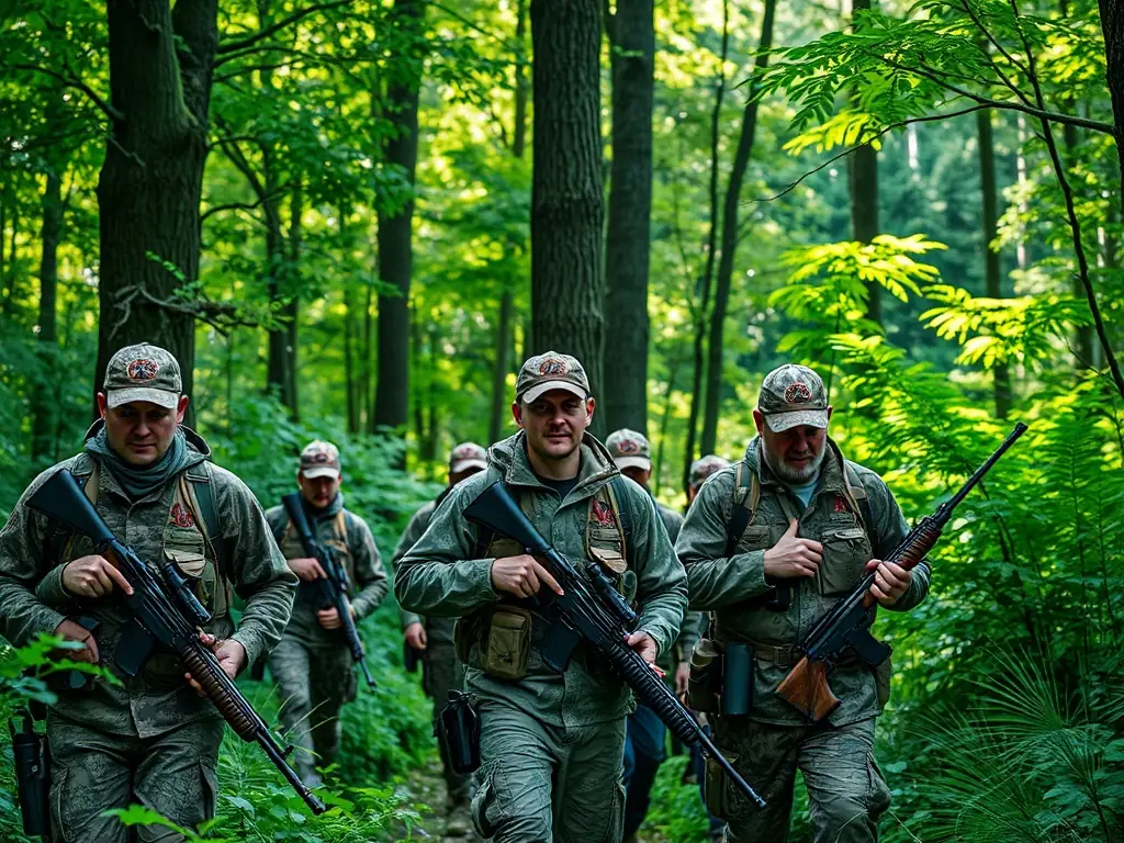 A group of hunters participating in a controlled hunt, focusing on sustainable harvesting practices in a forest setting. The image should convey responsibility and respect for wildlife.