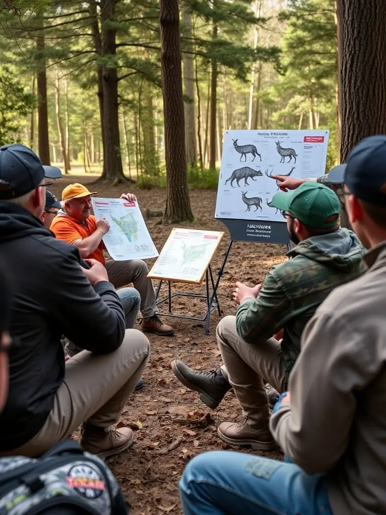 A photograph of a hunter education workshop, showing instructors teaching participants about wildlife identification, hunting ethics, and safety protocols, with a focus on responsible hunting practices.