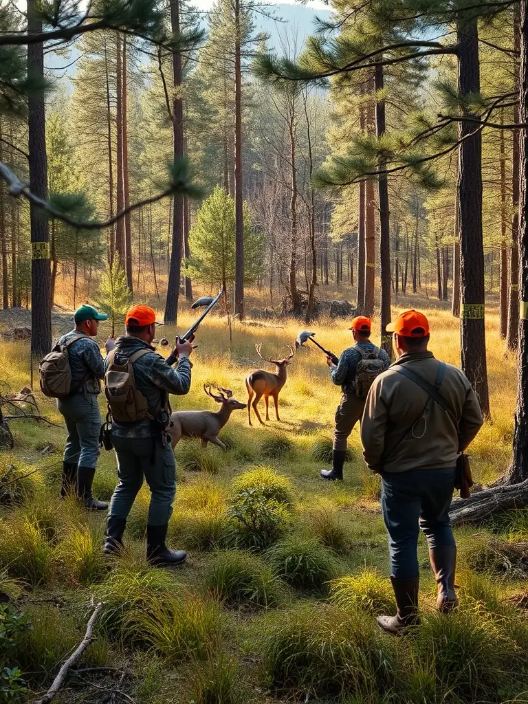 A photograph depicting a group of hunters participating in a controlled hunt, emphasizing responsible hunting practices and adherence to regulations, set in a natural environment with visible wildlife management efforts.
