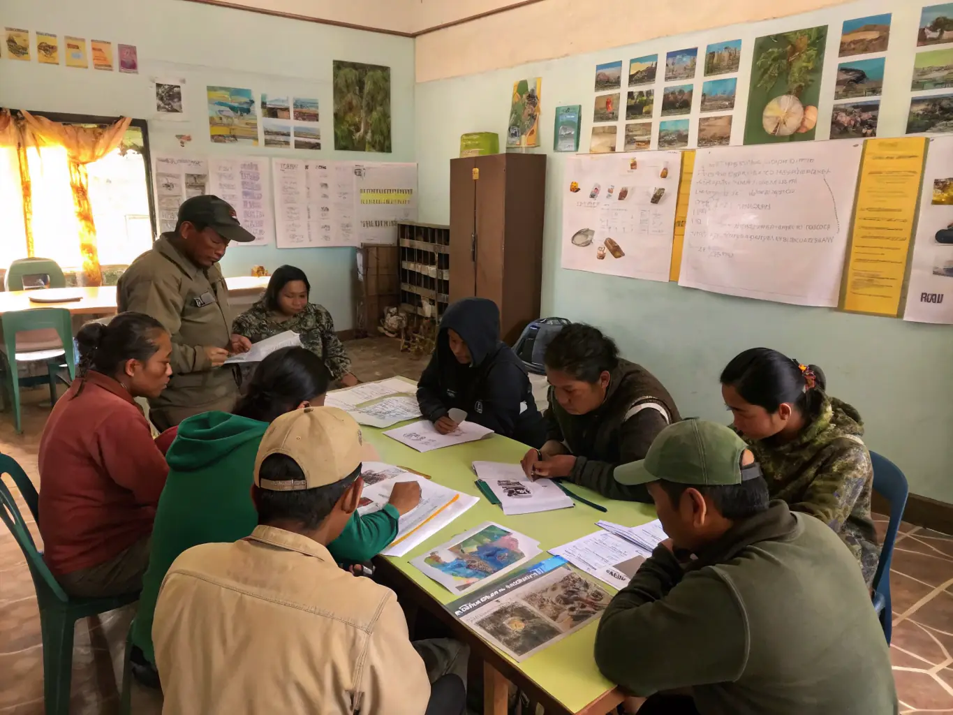 A photo of community members participating in a wildlife conservation workshop, learning about responsible hunting and environmental stewardship. The image should convey a sense of community involvement and education.