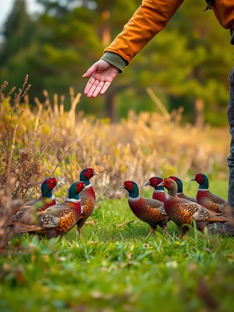 A photograph capturing the ASSOCIATION COMMUNALE DE CHASSE AGREE DE ROFFIAC releasing pheasants into their natural habitat as part of a repopulation program to maintain healthy wildlife populations.