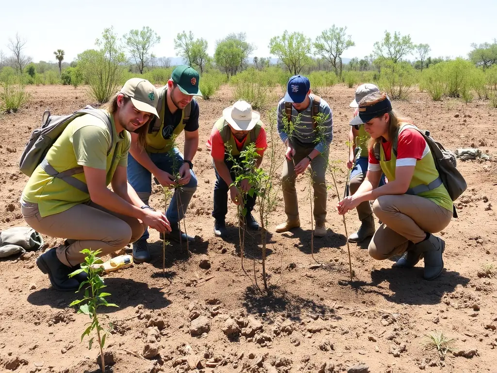 An image showing a group of volunteers participating in a habitat restoration project, planting trees and clearing invasive species to improve the local ecosystem.