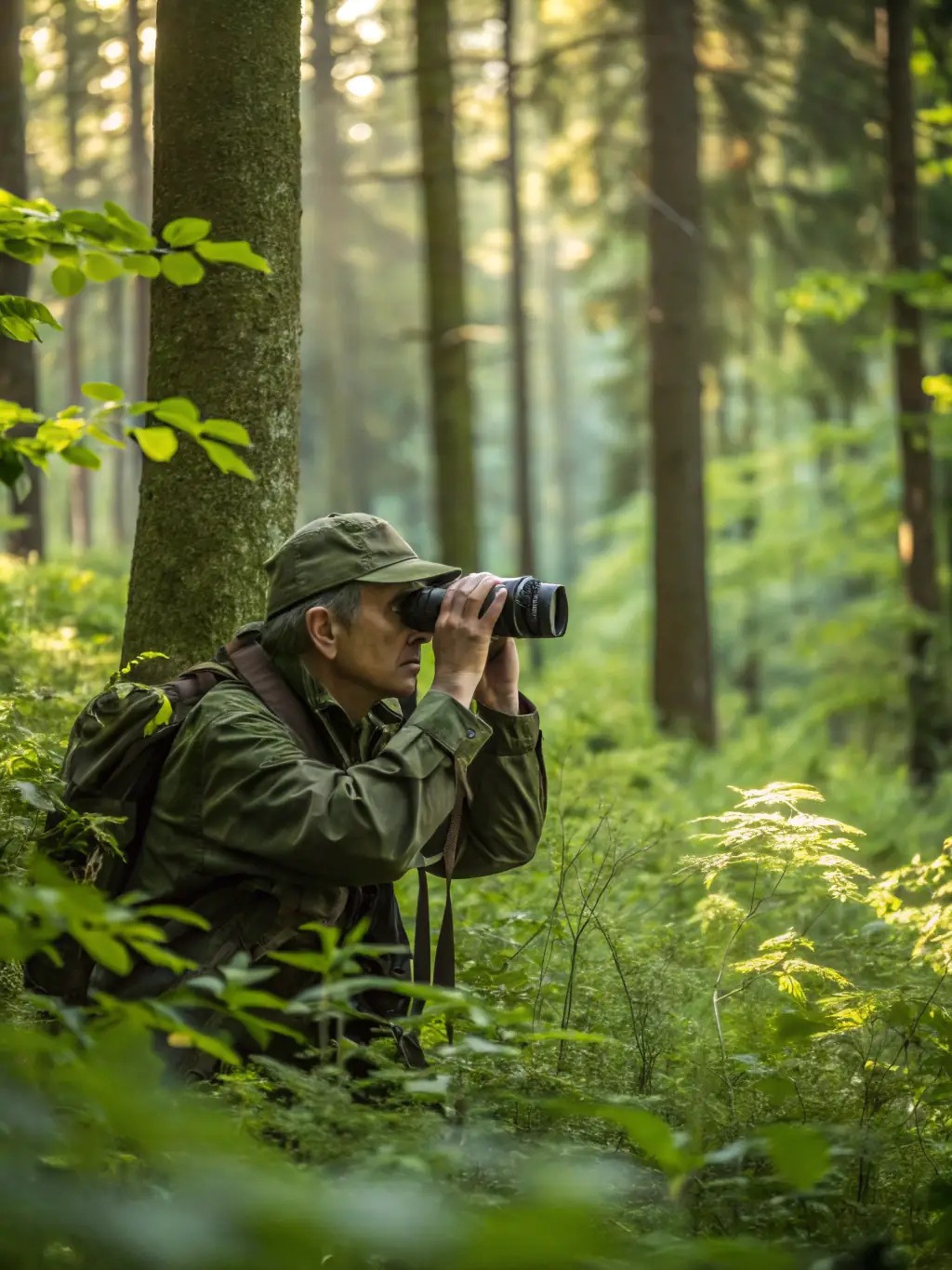 A photograph capturing a hunter in Roffiac carefully observing wildlife in their natural habitat, emphasizing responsible hunting practices.