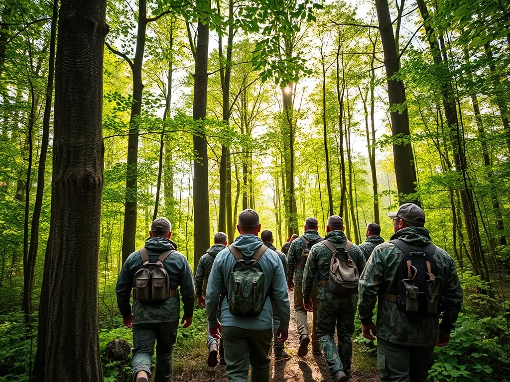 A photograph depicting a group of hunters participating in a guided hunting tour in the Roffiac region, showcasing responsible hunting practices and respect for wildlife.