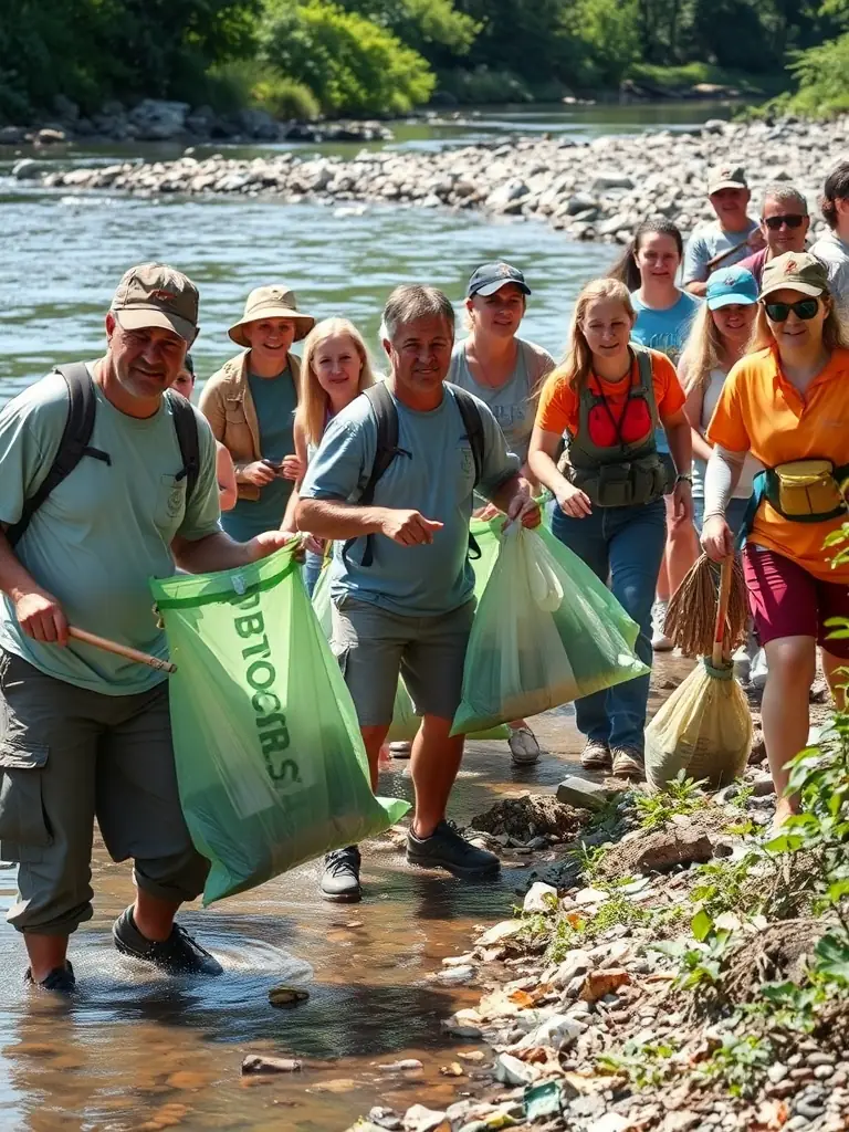 A photograph depicting members of the ASSOCIATION COMMUNALE DE CHASSE AGREE DE ROFFIAC participating in a local river cleanup initiative, removing debris and restoring the natural habitat along the riverbank.