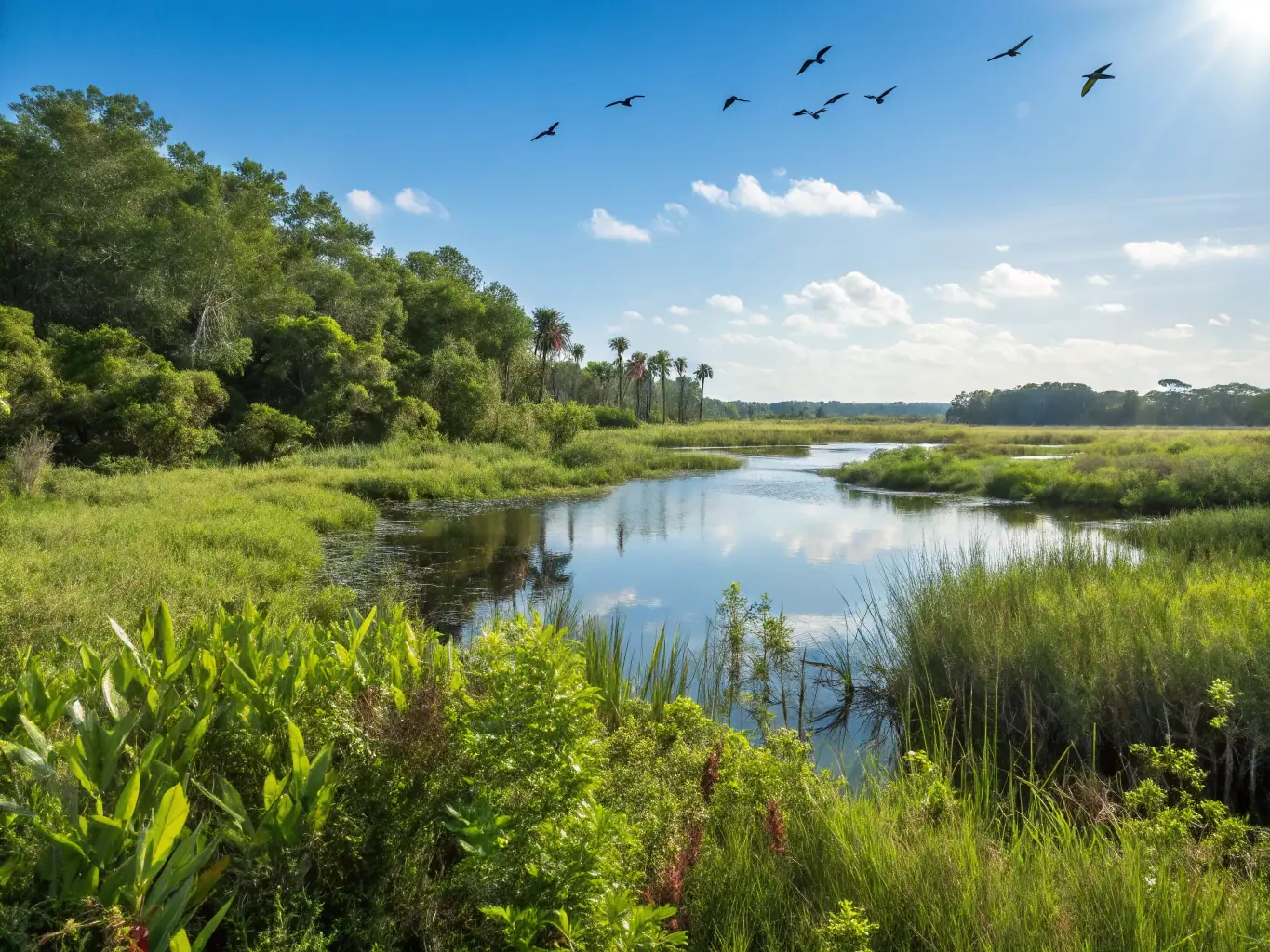A vibrant image of a restored wetland area, showcasing diverse plant and animal life. The image should highlight the positive impact of habitat restoration efforts.