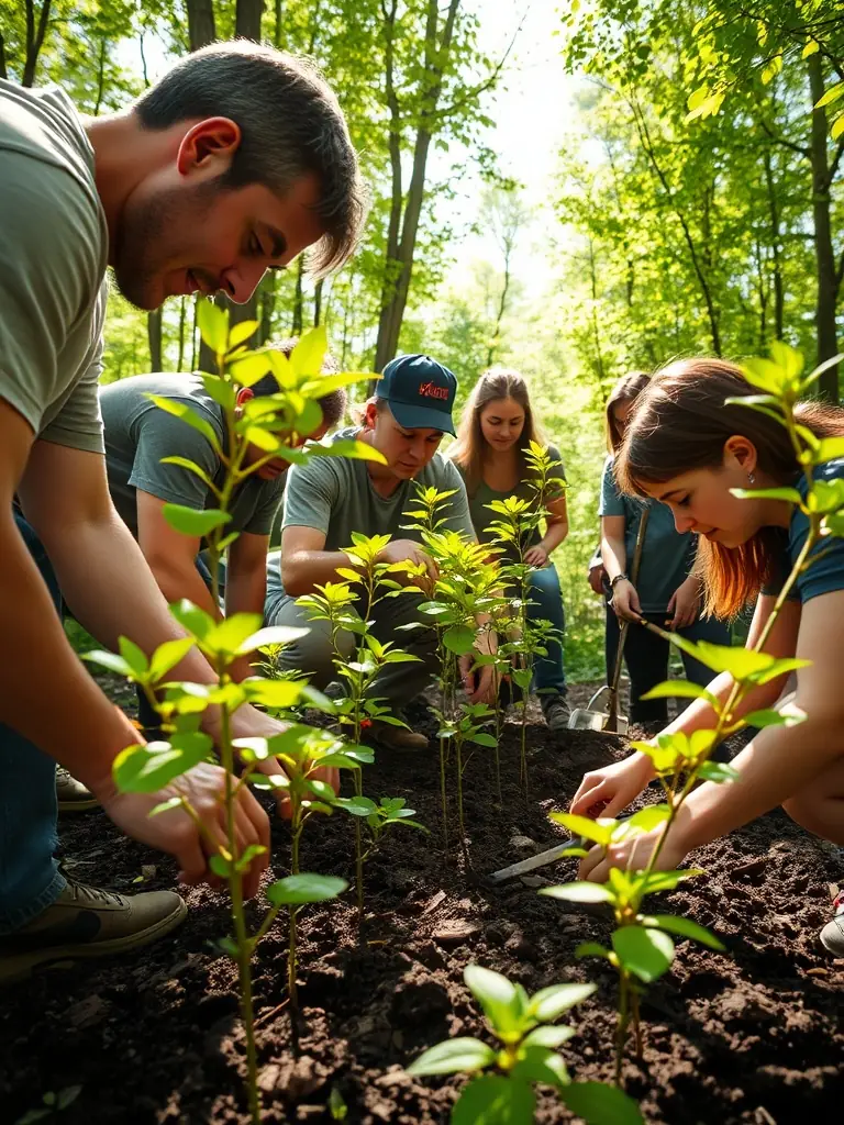 A photograph showcasing a habitat restoration project undertaken by the association, featuring volunteers planting native trees and shrubs to enhance biodiversity and improve wildlife habitats.